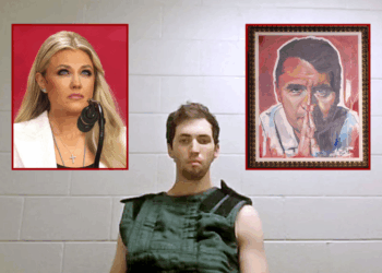 (Background) In this handout video screen grab provided by the Utah State Courts, Tyler James Robinson attends a virtual court hearing from Utah County Jail on September 16, 2025 in Spanish Fork, Utah. Tyler Robinson is accused of fatally shooting Charlie Kirk, CEO and co-founder of Turning Point USA, while he was speaking at an event for his "American Comeback Tour" on the campus of Utah Valley University. (Photo by Utah State Courts via Getty Images) / (L) Erika Kirk, Charlie Kirk