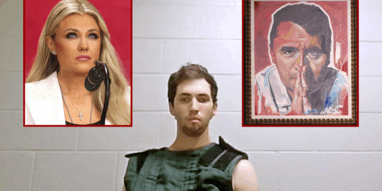 (Background) In this handout video screen grab provided by the Utah State Courts, Tyler James Robinson attends a virtual court hearing from Utah County Jail on September 16, 2025 in Spanish Fork, Utah. Tyler Robinson is accused of fatally shooting Charlie Kirk, CEO and co-founder of Turning Point USA, while he was speaking at an event for his "American Comeback Tour" on the campus of Utah Valley University. (Photo by Utah State Courts via Getty Images) / (L) Erika Kirk, Charlie Kirk