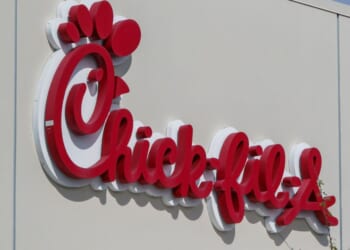 A Chick-fil-A logo is displayed on one of the company's restaurants in San Diego, California.