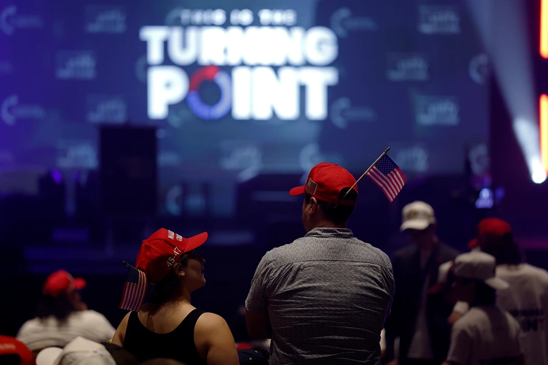 BERKELEY, CALIFORNIA - NOVEMBER 10: Attendees gather before the start of a Turning Point USA event at the University of California, Berkeley (UC Berkeley) on November 10, 2025 in Berkeley, California. Two months after Turning Point USA founder Charlie Kirk was killed, the tour made a stop in California at UC Berkeley. (Photo by Justin Sullivan/Getty Images)