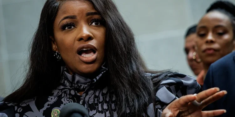 WASHINGTON, DC - FEBRUARY 28: Rep. Jasmine Crockett (D-TX) speaks during a press conference with other Democratic members of the House Committee on Oversight and Accountability, and House Judiciary Committee during a break in the closed-door deposition of Hunter Biden, son of U.S. President Joe Biden, in the O