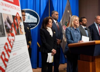 Attorney General Pam Bondi, Washington Metropolitan Police Chief Pamela Smith, U.S. Attorney Jeanine Pirro, ATF Special Agent in Charge of Washington Anthony Spotswood, FBI Director Kash Patel, and FBI deputy director Dan Bongino speak during a Department of Justice news conference on Dec. 4, 2025, in Washington, DC.