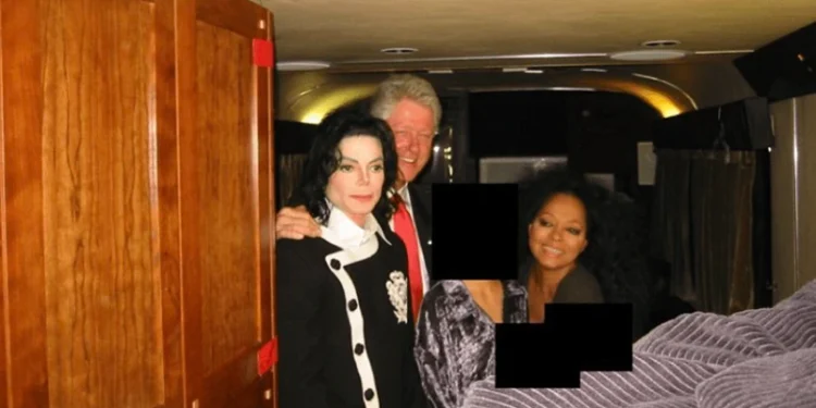 Newly released images from DOJ of Michael Jackson, former President Bill Clinton, and Diana Ross alongside redacted individuals