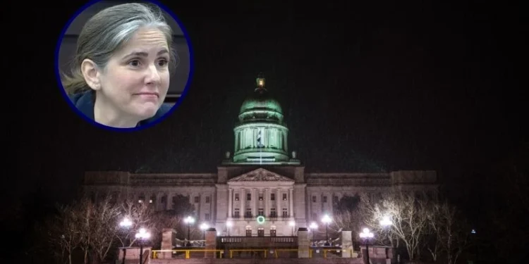 (Background) FRANKFORT, KY - JANUARY 16: The Capitol Building is seen at night during a snowstorm on January 16, 2021 in Frankfort, Kentucky. Supporters of President Trump are at state capitol buildings throughout the nation to protest the presidential election results and the upcoming inauguration of President-elect Joe Biden. (Photo by Jon Cherry/Getty Images) / (L) photo of Rep. Sarah Stock (D-Ky.) from the official Legislative Research Commission livestream