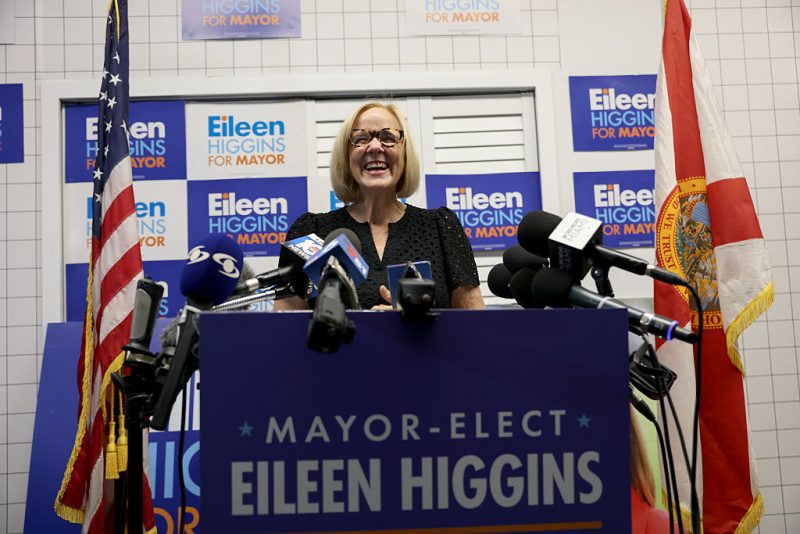 MIAMI, FLORIDA - DECEMBER 10: Miami Mayor-elect Eileen Higgins holds a press conference the day after winning the mayoral seat on December 10, 2025 in Miami, Florida. Higgins, a Democrat, beat her Republican challenger Emilio González, a former city manager endorsed by President Donald Trump, in a runoff election. The position of Mayor for the City of Miami is officially nonpartisan. (Photo by Joe Raedle/Getty Images)