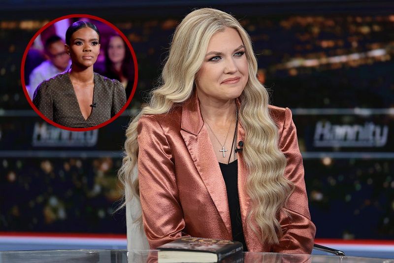 (L)Candace Owens is seen on set of "Candace" in Nashville, Tennessee.(Photo by Jason Davis/Getty Images) / (Background) Erika Kirk discusses the newly released book "Stop, In The Name of God: Why Honoring The Sabbath Will Transform Your Life" on "Hannity" at Fox News Channel Studios in New York City. (Photo by Dimitrios Kambouris/Getty Images)