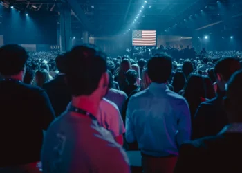 Attendees face the US flag during the national anthem at Turning Point