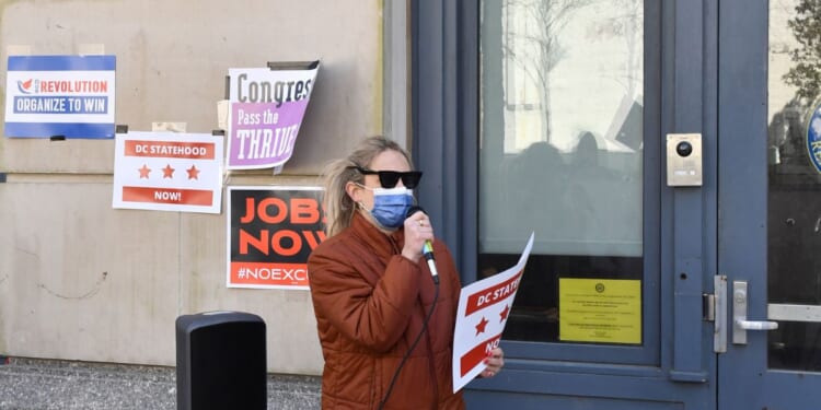 Aftyn Behn speaks during a rally as Tennesseans take action for an economic recovery and infrastructure package prioritizing climate, care, jobs, justice, and call on Congress to pass The THRIVE Act on April 2, 2021, in Nashville, Tennessee.