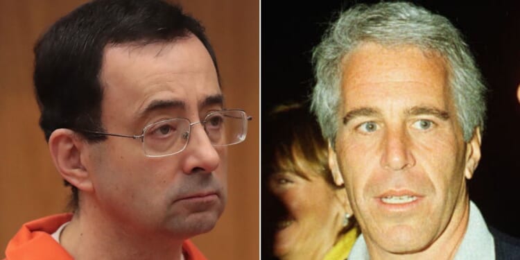 Some of the nation's largest -- and most Trump-hating -- news outlets were quick to publish the story before the Department of Justice clarified that the letter purporting to be from convicted pedophile Jeffrey Epstein, right, to convicted sexual abuser Larry Nassar, left, had been deemed fake.