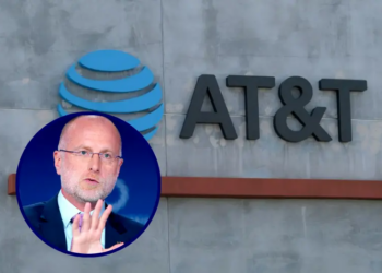The AT&T logo sign is seen above the store in Culver City, California (Photo by CHRIS DELMAS/AFP via Getty Images) / Brendan Carr, Chairman, FCC, speaks onstage during the 2025 Concordia Annual Summit at Sheraton New York Times Square