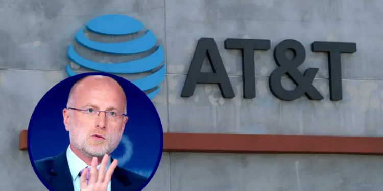 The AT&T logo sign is seen above the store in Culver City, California (Photo by CHRIS DELMAS/AFP via Getty Images) / Brendan Carr, Chairman, FCC, speaks onstage during the 2025 Concordia Annual Summit at Sheraton New York Times Square