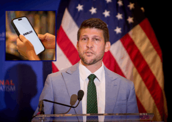 James Uthmeier speaks at the National Conservative Convention in Washington D.C., Sept. 3, 2025. (Photo by Dominic Gwinn / Middle East Images via AFP) (Photo by DOMINIC GWINN/Middle East Images/AFP via Getty Images) / A 7-year-old teenage boy looks at a photo screen with Roblox, a social media networking app that will not be age-restricted, is opened on December 07, 2025 in Sydney, Australia. The Online Safety Amendment (Social Media Minimum Age) Act 2024 requires social media platforms, including TikTok, Instagram, Facebook, YouTube, Snapchat, X, Reddit, Threads, Twitch, and Kick to implement age-verification systems and take reasonable steps to prevent account creation by users under 16, with non-compliant platforms facing penalties of up to A$50 million. (Photo by George Chan/Getty Images)