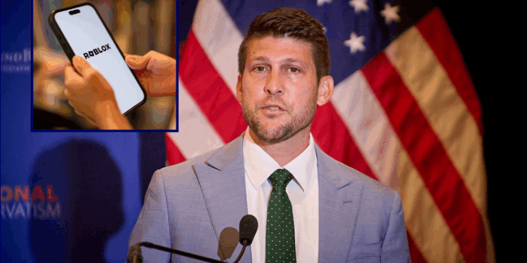 James Uthmeier speaks at the National Conservative Convention in Washington D.C., Sept. 3, 2025. (Photo by Dominic Gwinn / Middle East Images via AFP) (Photo by DOMINIC GWINN/Middle East Images/AFP via Getty Images) / A 7-year-old teenage boy looks at a photo screen with Roblox, a social media networking app that will not be age-restricted, is opened on December 07, 2025 in Sydney, Australia. The Online Safety Amendment (Social Media Minimum Age) Act 2024 requires social media platforms, including TikTok, Instagram, Facebook, YouTube, Snapchat, X, Reddit, Threads, Twitch, and Kick to implement age-verification systems and take reasonable steps to prevent account creation by users under 16, with non-compliant platforms facing penalties of up to A$50 million. (Photo by George Chan/Getty Images)