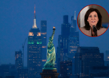(L) New York Governor Kathy Hochul speaks during a press conference to announce new subway safety measures at NYCTA Rail Control Center on March 6, 2024 in New York City. Hochul announced that 1,000 New York State Police, MTAPD and the New York National Guard will be used to support the NYPD in conducting bag checks. (Photo by Adam Gray/Getty Images) / (Background) The iconic Empire State Building (L) stands out on the Manhattan skyline with The Statue of Liberty in the foreground, seen at night from Bayonne, New Jersey, on August 15, 2024. (Photo by Charly TRIBALLEAU / AFP) (Photo by CHARLY TRIBALLEAU/AFP via Getty Images)
