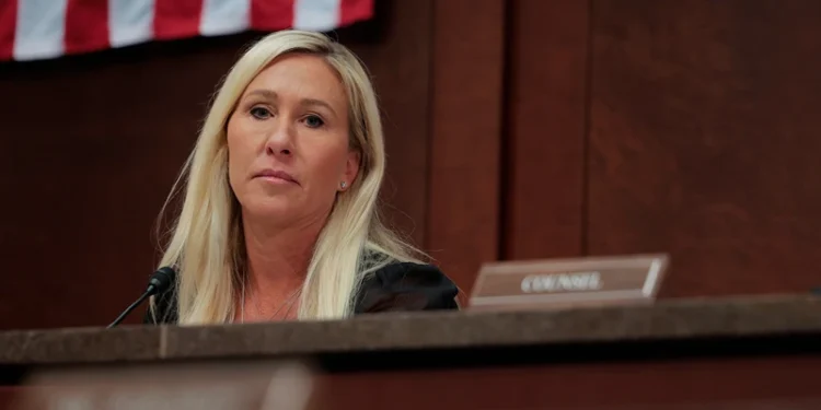 WASHINGTON, DC - FEBRUARY 26: Chair of the Subcommittee on Delivering On Government Efficiency (DOGE) U.S. Rep. Marjorie Taylor Greene (R-SC) presides over a hearing of the House Oversight Subcommittee in the U.S. Capitol on February 26, 2025 in Washington, DC. The subcommittee held the hearing to hear from witnesses on U.S. foreign aid. (Photo by Anna Moneymaker/Getty Images)