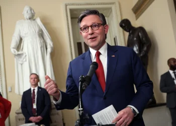 WASHINGTON, DC - DECEMBER 17: U.S. Speaker of the House Mike Johnson (R-LA) speaks to members of the media as he leaves the House Chamber at the U.S. Capitol on December 17, 2025 in Washington, DC. Four Republican Representatives join Democrats to sign a petition forcing a vote on legislation that will extend premium tax credits for the Affordable Care Act. (Photo by Kevin Dietsch/Getty Images)