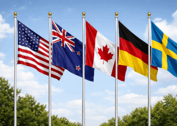 The flags of the United States, Canada, Germany, New Zealand, and Sweden