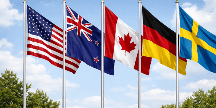 The flags of the United States, Canada, Germany, New Zealand, and Sweden