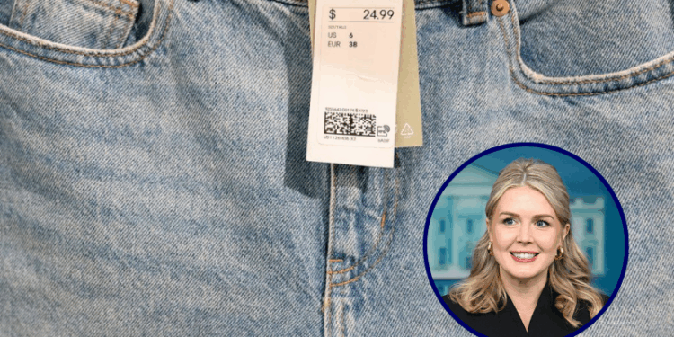 (Background) A price tag is seen on jean shorts in a clothing store in Washington, DC, on June 14, 2022. (Photo by Stefani Reynolds / AFP) (Photo by STEFANI REYNOLDS/AFP via Getty Images) / (R) White House Press Secretary Karoline Leavitt speaks during the press briefing in the Brady Briefing Room of the White House in Washington, DC, on December 11, 2025. (Photo by Jim WATSON / AFP via Getty Images)