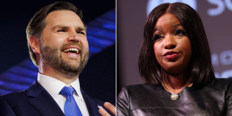 During the Turning Point USA Americafest event in Phoenix Sunday, Vice President J.D. Vance, left, broached the topic of Rep. Jasmine Crockett, a Texas Democrat, regarding her senatorial aspirations.