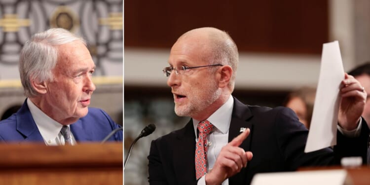 Massachusetts Democratic Sen. Ed Markey, left, was eager for FCC Commissioner Brendan Carr, right, to stop reading aloud the letter Markey had written in 2018.