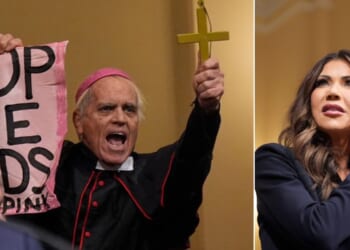 A protester dressed as a Catholic cardinal, left, interrupted Homeland Security Secretary Kristi Noem Thursday during a hearing the House Committee on Homeland Security on Capitol Hill in Washington, D.C.