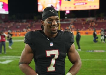 Atlanta Falcons running back Bijan Robinson smiles after a win in a contest against the Tampa Bay Buccaneers in Tampa, Florida, on Dec. 11, 2025.