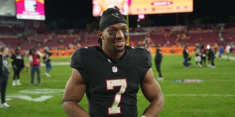 Atlanta Falcons running back Bijan Robinson smiles after a win in a contest against the Tampa Bay Buccaneers in Tampa, Florida, on Dec. 11, 2025.