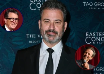 (Background) Jimmy Kimmel attends the 2023 Eastern Congo Initiative Poker and Blackjack Tournament (Mindy Small/Getty Images) / (L) Stephen Colbert attends Apple TV +