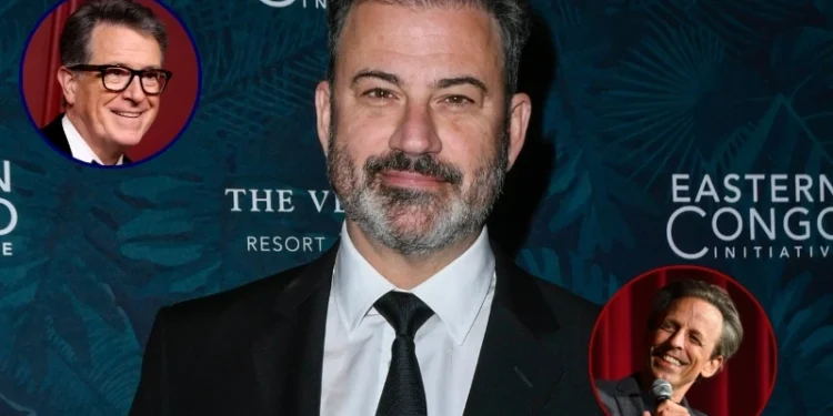 (Background) Jimmy Kimmel attends the 2023 Eastern Congo Initiative Poker and Blackjack Tournament (Mindy Small/Getty Images) / (L) Stephen Colbert attends Apple TV +