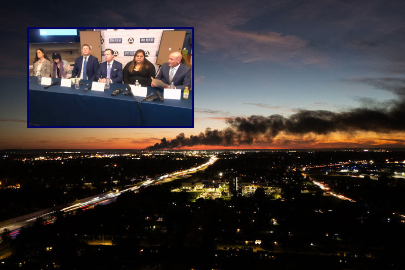 (Background) Smoke rises from the site of a UPS cargo plane crash near the UPS Worldport at Louisville Muhammad Ali International Airport in Louisville, Kentucky, on November 4, 2025. The death toll from a UPS cargo plane crashing in Louisville has risen to nine with more fatalities feared, Kentucky's governor said November 5, as search efforts continued and the airport resumed flights.The McDonnell Douglas MD-11 departing for Hawaii crashed at around 5:15 pm (2215 GMT) Tuesday, November 4, shortly after taking off from Louisville Muhammad Ali International Airport. (Photo by LEANDRO LOZADA / AFP) (Photo by LEANDRO LOZADA/AFP via Getty Images) / (L) Tracy Brammeier, Alexandria Faith, Bradley Cosgrove, Jonathan Hollan, Gabby Hermosio-Nunez and Sam Aguiar hold a press conference regarding the wrongful death lawsuit filed against UPS on Wednesday, December 3, 2025.