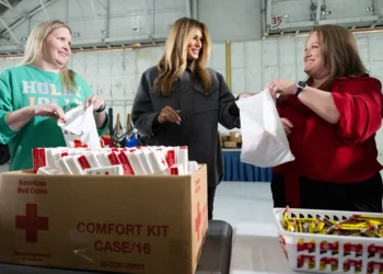 Melania, Usha and other Trump admin. spouses join U.S. military spouses in crafting care packages for service members at Joint Base Andrews