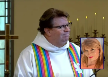 (Background) Phil Phaneuf conducts a Sunday service on Nov. 23, 2025, in Rochester, New York. (Phil Phaneuf; Facebook) / (R) Phil Phaneuf wearing a blonde wig and makeup. (Phil Phaneuf; Facebook)