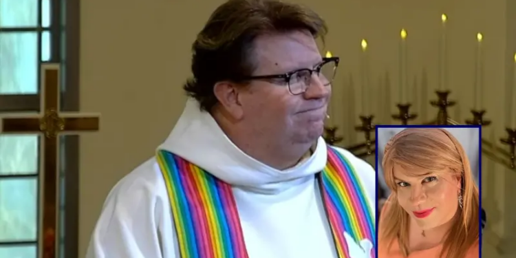 (Background) Phil Phaneuf conducts a Sunday service on Nov. 23, 2025, in Rochester, New York. (Phil Phaneuf; Facebook) / (R) Phil Phaneuf wearing a blonde wig and makeup. (Phil Phaneuf; Facebook)