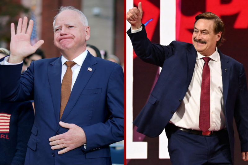 WASHINGTON, DC - NOVEMBER 06: Democratic vice presidential nominee, Minnesota Gov. Tim Walz reacts after Democratic presidential nominee, U.S. Vice President Kamala Harris conceded the election in a speech at Howard University on November 06, 2024 in Washington, DC. After a contentious camp(Photo by Andrew Harnik/Getty Images) //My Pillow CEO Mike Lindell arrives to speak during the annual Conservative Political Action Conference (CPAC) at the Gaylord National Resort & Convention Center at National Harbor in Oxon Hill, Maryland, on February 21, 2025. (Photo by Alex Wroblewski / AFP) (Photo by ALEX WROBLEWSKI/AFP via Getty Images)