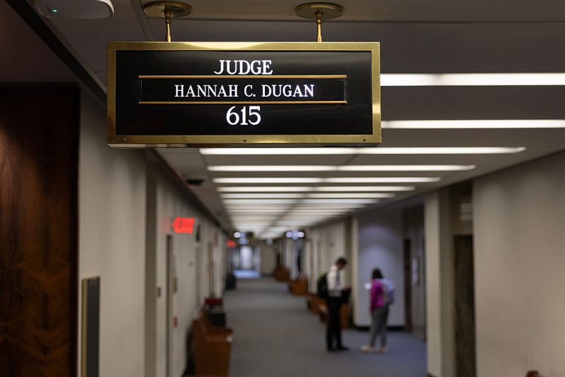 MILWAUKEE, WISCONSIN - APRIL 25: A sign hangs above the courtroom of Milwaukee County Circuit Judge Hannah Dugan in the Milwaukee County Courthouse on April 25, 2025 in Milwaukee, Wisconsin. Judge Dugan was arrested by the FBI after arriving at work this morning and charged in federal court for allegedly helping an undocumented immigrant avoid arrest. (Photo by Scott Olson/Getty Images)