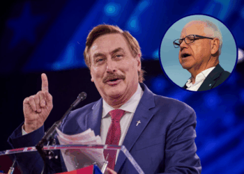 (Background) Mike Lindell speaks at the annual CPAC DC conference at the Gaylord National Resort in Oxon Hill, MD on Friday, 21, 2025. (Photo by Dominic Gwinn / Middle East Images / Middle East Images via AFP) (Photo by DOMINIC GWINN/Middle East Images/AFP via Getty Images) / (R) Minnesota Gov. Tim Walz speaks to media gathered on the first day of school at Deerwood Elementary on September 2, 2025 in Eagan, Minnesota. Walz has been considering a special session of the Minnesota legislature to address gun violence and regulations. The majority of Minnesota school children return to school today after last weeks mass shooting at Annunciation Church and School which killed two and injured 21 others.(Photo by Stephen Maturen/Getty Images)
