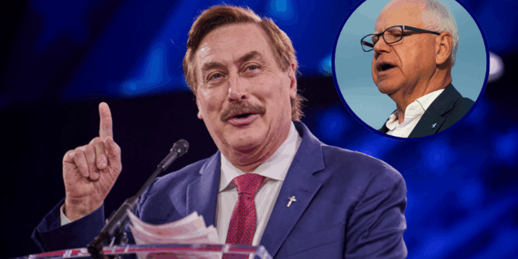 (Background) Mike Lindell speaks at the annual CPAC DC conference at the Gaylord National Resort in Oxon Hill, MD on Friday, 21, 2025. (Photo by Dominic Gwinn / Middle East Images / Middle East Images via AFP) (Photo by DOMINIC GWINN/Middle East Images/AFP via Getty Images) / (R) Minnesota Gov. Tim Walz speaks to media gathered on the first day of school at Deerwood Elementary on September 2, 2025 in Eagan, Minnesota. Walz has been considering a special session of the Minnesota legislature to address gun violence and regulations. The majority of Minnesota school children return to school today after last weeks mass shooting at Annunciation Church and School which killed two and injured 21 others.(Photo by Stephen Maturen/Getty Images)