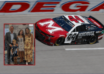 (Background) Greg Biffle, driver of the #44 Morehouse College Chevrolet, drives during qualifying for the NASCAR Cup Series GEICO 500 at Talladega Superspeedway on April 23, 2022 in Talladega, Alabama. (Photo by Sean Gardner/Getty Images) / (L) (L-R) Greg Biffle, Ryder Biffle, Emma Biffle and Cristina Biffle. (Cristina Biffle; Instagram)