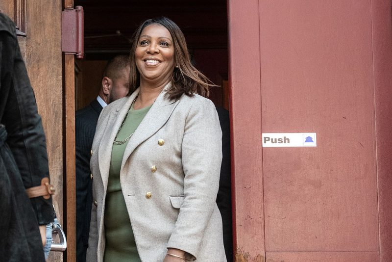 NEW YORK, NEW YORK - NOVEMBER 1: New York Attorney General Letitia James exits a church during a campaign event for Democratic New York City mayoral candidate Zohran Mamdani on November 1, 2025 in the Brooklyn borough of New York City. With only days left in the race for New York City's next mayor, Mamdani remains the front runner against Independent candidate, former New York Gov. Andrew Cuomo and Republican candidate Curtis Sliwa. (Photo by Stephanie Keith/Getty Images)