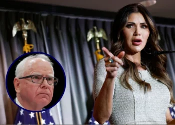 (Background) South Dakota Governor Kristi Noem (Anna Moneymaker/Getty Images) / (L) Minnesota Gov. Tim Walz listens during a hearing with the House Oversight and Accountability Committee (Anna Moneymaker/Getty Images)