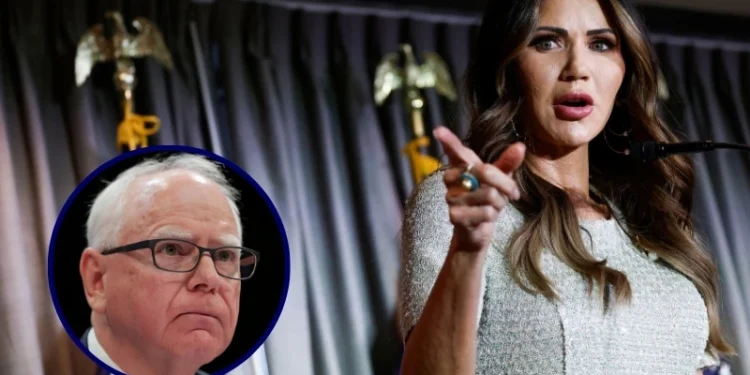 (Background) South Dakota Governor Kristi Noem (Anna Moneymaker/Getty Images) / (L) Minnesota Gov. Tim Walz listens during a hearing with the House Oversight and Accountability Committee (Anna Moneymaker/Getty Images)