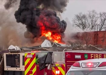 A post on X shares a grim image of a large inferno caused by the explosion at the Silver Lake Nursing Home gas explosion in Bristol Pennsylvania (Photo: @PhillyCrimeUpd on X)
