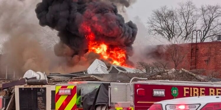 A post on X shares a grim image of a large inferno caused by the explosion at the Silver Lake Nursing Home gas explosion in Bristol Pennsylvania (Photo: @PhillyCrimeUpd on X)