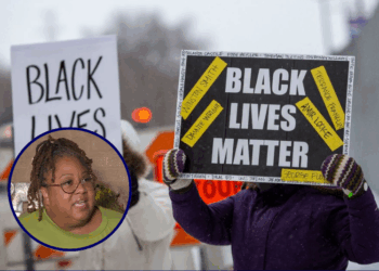 (Background) Demonstrators hold "Black Lives Matter" signs in front of the US District Court in St Paul, Minnesota, on February 24, 2022. - A jury found three former Minneapolis police officers guilty on February 24 of violating the civil rights of George Floyd, the African-American man whose May 2020 murder sparked nationwide protests. (Photo by Kerem Yucel / AFP) (Photo by KEREM YUCEL/AFP via Getty Images) / (L) Screen capture of BLM OKC executive director Tashella Sheri Amore Dickerson in an interview with KOCO 5 News.