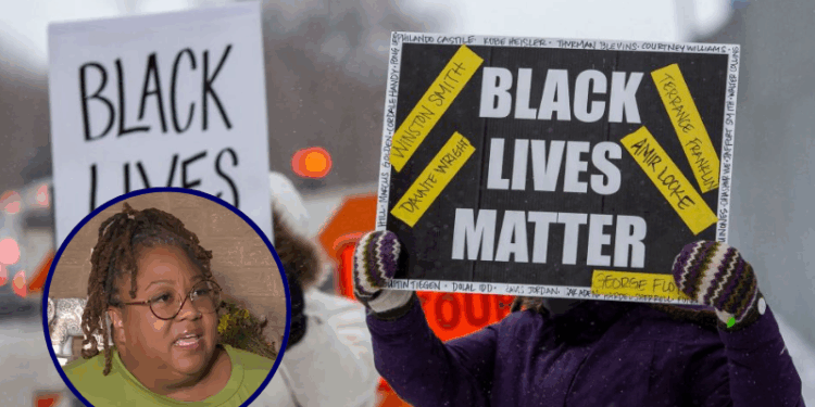 (Background) Demonstrators hold "Black Lives Matter" signs in front of the US District Court in St Paul, Minnesota, on February 24, 2022. - A jury found three former Minneapolis police officers guilty on February 24 of violating the civil rights of George Floyd, the African-American man whose May 2020 murder sparked nationwide protests. (Photo by Kerem Yucel / AFP) (Photo by KEREM YUCEL/AFP via Getty Images) / (L) Screen capture of BLM OKC executive director Tashella Sheri Amore Dickerson in an interview with KOCO 5 News.