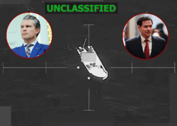 (L) U.S. Secretary of War Pete Hegseth listens as U.S. President Donald Trump speaks to reporters after a ceremony for the presentation of the Mexican Border Defense Medal in the Oval Office of the White House on December 15, 2025 in Washington, DC. During the ceremony, Trump recognized the first 13 service members to receive the recently established Mexican Border Defense Medal (MBDM), which recognizes service members supporting Customs and Border Protection on the U.S.-Mexico border. (Photo by Anna Moneymaker/Getty Images) / (R) U.S. Secretary of State Marco Rubio arrives for a closed door meeting with lawmakers on Capitol Hill on December 16, 2025 in Washington, DC. Rubio and U.S. Secretary of War Pete Hegseth are headed back to Capitol Hill to speak with lawmakers as questions mount about strikes carried out by the U.S. military on suspected drug boats out of Venezuela ordered by the Trump Administration. (Photo by Heather Diehl/Getty Images) / (Background) Image from U.S Southern Command pictures a boat in the crosshairs of a Military Aircraft prepared to strike (Photo: U.S. Southern Command)