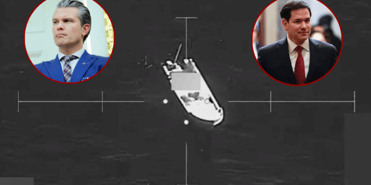 (L) U.S. Secretary of War Pete Hegseth listens as U.S. President Donald Trump speaks to reporters after a ceremony for the presentation of the Mexican Border Defense Medal in the Oval Office of the White House on December 15, 2025 in Washington, DC. During the ceremony, Trump recognized the first 13 service members to receive the recently established Mexican Border Defense Medal (MBDM), which recognizes service members supporting Customs and Border Protection on the U.S.-Mexico border. (Photo by Anna Moneymaker/Getty Images) / (R) U.S. Secretary of State Marco Rubio arrives for a closed door meeting with lawmakers on Capitol Hill on December 16, 2025 in Washington, DC. Rubio and U.S. Secretary of War Pete Hegseth are headed back to Capitol Hill to speak with lawmakers as questions mount about strikes carried out by the U.S. military on suspected drug boats out of Venezuela ordered by the Trump Administration. (Photo by Heather Diehl/Getty Images) / (Background) Image from U.S Southern Command pictures a boat in the crosshairs of a Military Aircraft prepared to strike (Photo: U.S. Southern Command)