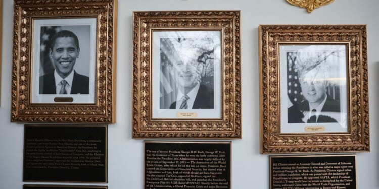 Newly-installed plaques for former U.S. presidents are displayed along the "Presidential Walk of Fame" in the White House in Washington, DC on Dec. 17, 2025.