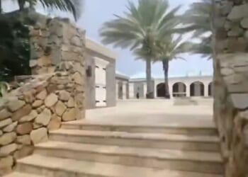 An outside view of a courtyard at the the palatial Caribbean Island estate of the late convicted sex criminal Jeffrey Epstein.